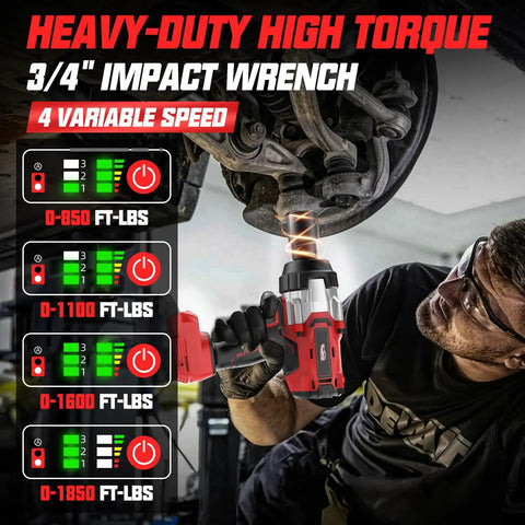 Mechanic using Three Quarter Inch Cordless Impact Wrench Bare Tool, High Torque 1850 Ft Lbs 2500 Nm with LED Work Light