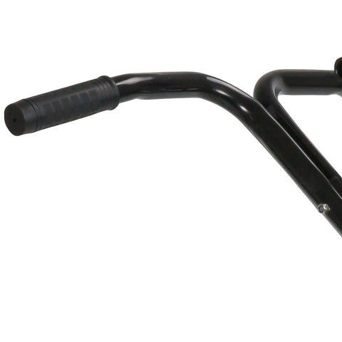 Handle detail of 100 Pound Pro Grade Turf Spreader For Contractors With Weatherproof Poly Hopper, steel frame, easy lift grips, black.