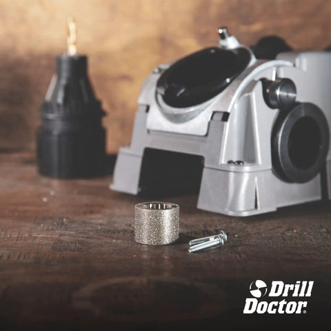Electric Twist Drill Bit Sharpener For 3/32 To 1/2 Inch Bits, Pro Grade High Speed Portable Sharpening equipment on wooden surface.
