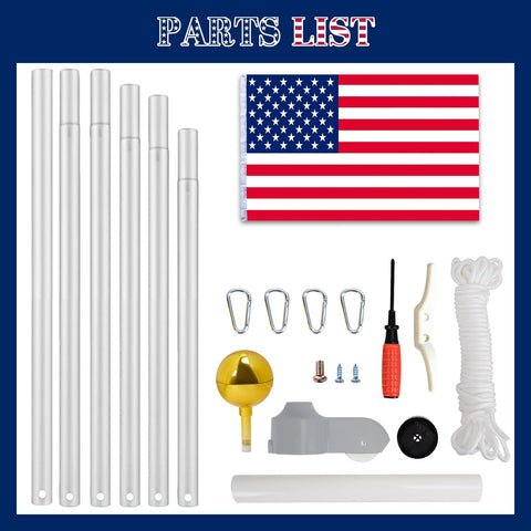 Heavy Duty 25 Foot Flag Pole Kit With 3x5 Foot US Flag Aluminum Outdoor Flagpole With Gold Ball Top parts list
