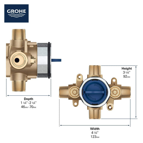GrohSafe 3.0 Pressure Balance Rough-In Valve for Showers with flush test plug, brass material shown with dimensions