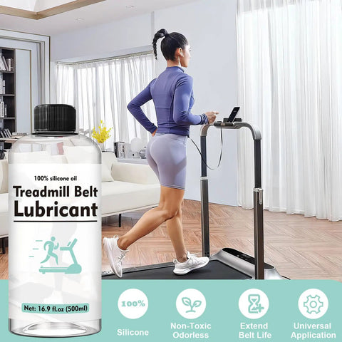 Pro Grade Treadmill Belt Lubricant With 100 Percent Silicone Oil bottle beside woman running on treadmill at home
