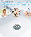 Straight Up Solid Zinc Alloy Bathtub Drain Hair Catcher With Non Slip Silicone Grip in a sink with water flowing.