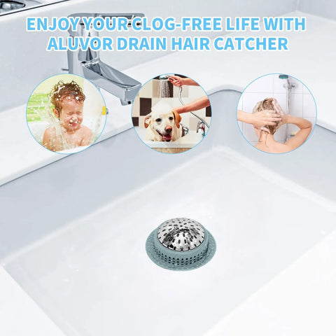 Straight Up Solid Zinc Alloy Bathtub Drain Hair Catcher With Non Slip Silicone Grip in a sink with water flowing.