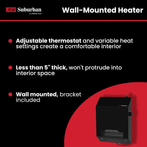 No Fuss Compact Wall Mount Rv Electric Heater Featuring Adjustable Thermostat And Ultra Slim Design, Dead Simple Installation, Kickin Cozy Comfort For Your Rig Or Bedroom In Sleek Black, showing adjustable thermostat and wall-mounted design.