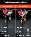 VEVOR electric hoist, dual-line mode, red housing, wired remote, 880 lb capacity.