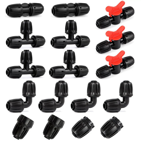 Half Inch All In One Pro Grade Irrigation Fittings Kit For 16mm Drip Tubing With Barbed Connectors Including 16-piece set