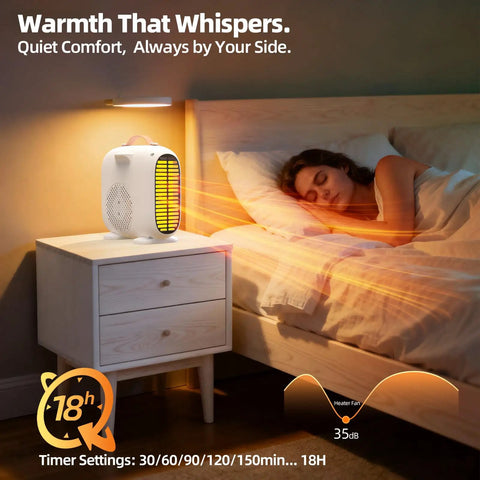 Portable Indoor Space Heater With Remote And LED Display, 1500W Fast Safe Heat for Bedroom on Nightstand, Woman Sleeping
