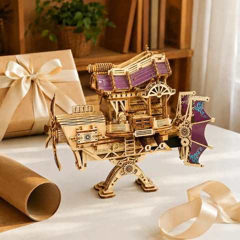 Fun 3D Wooden Airship Puzzle Kit for Teens and Adults, Pine Wood Mechanical Flying Ship Build on decorated table