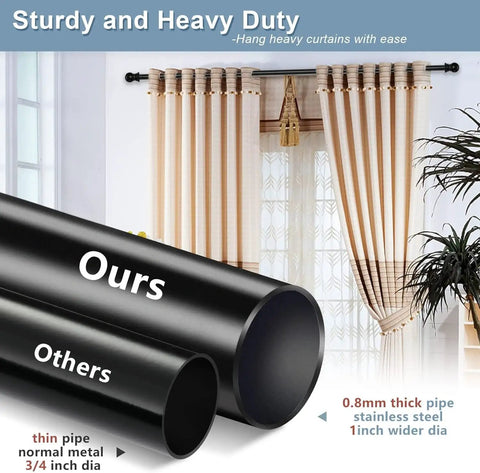 Heavy Duty Extra Long Curtain Rods Ten To Fourteen Point Two Feet 1 Inch Metal Drapery Pole With Four Adjustable Brackets For Living Room Bedroom And Outdoor Patio Built Tough With Premium Stainless Steel showing comparison of pipe thickness.