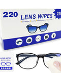 Alcohol Free Lens Wipes For Glasses And Screens Streak Free 220 Count box and cleaning wipe with glasses