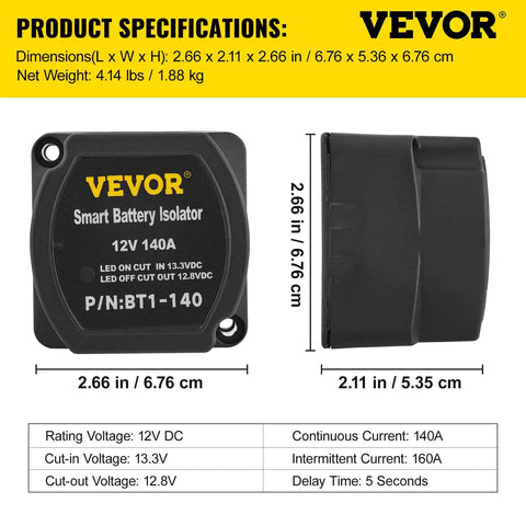 Split Charge Relay Kit For 12V Systems, Auto Dual Battery Isolator With 140 Amp VSR front and side view dimensions