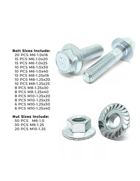 Assorted Grade 10.9 JIS hex flange bolts set with zinc finish and matching nuts (M6, M8, M10)