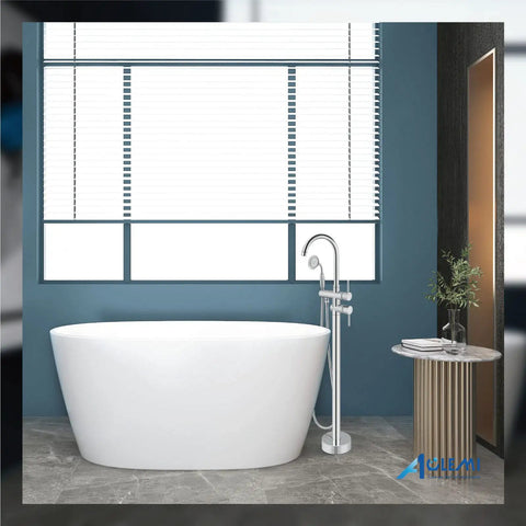Floor Mount Bath Tub Faucet Freestanding Tub Filler With High Flow Shower And 360 Degree Swivel Spout Handheld Shower, chrome finish in bathroom setting.