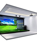 Indoor Golf Simulator Setup For Home And Commercial Use, Four Size Options, Includes HD Impact Screen in minimalist room.