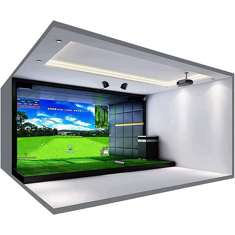 Indoor Golf Simulator Setup For Home And Commercial Use, Four Size Options, Includes HD Impact Screen in minimalist room.