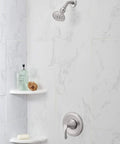 Antioch Tub and Shower Trim Kit With Treysta Cartridge, Air Injection, brushed nickel finish, installed in modern bathroom.