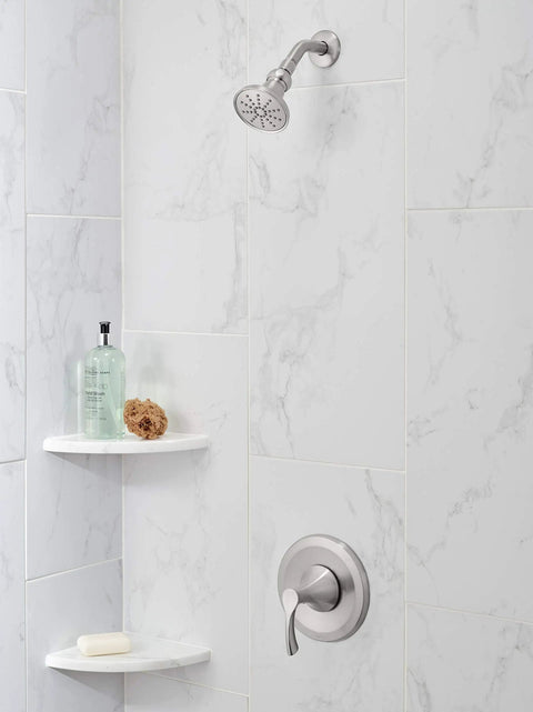 Antioch Tub and Shower Trim Kit With Treysta Cartridge, Air Injection, brushed nickel finish, installed in modern bathroom.