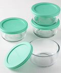 Four glass storage containers with mint Snugfit lids on a white surface, Two Cup Glass Storage Containers With Lids Set Of Four Mint Snugfit Lids Keeps Leftovers