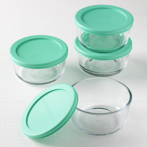 Four glass storage containers with mint Snugfit lids on a white surface, Two Cup Glass Storage Containers With Lids Set Of Four Mint Snugfit Lids Keeps Leftovers