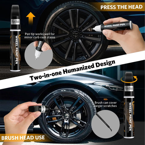Black Rim Touch Up Paint Kit For Wheels 2 In 1 Wheel Paint For Rims Scratch Repair Pen Set Curb Rash Fix in use on black wheel