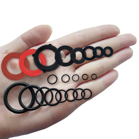 Heavy Duty Water Hose Gasket And O Ring Rubber Washer Assortment Kit With 610 Nitrile Seal Rings for repair shown in hand.