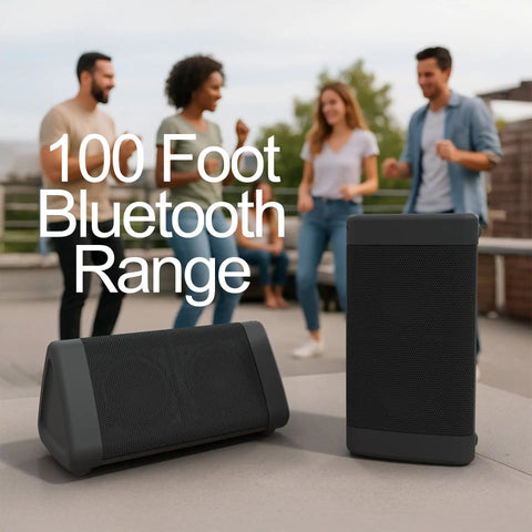 Angle 3 4th Gen Portable Bluetooth Speaker With 12W Stereo Sound 100 Foot Wireless Range with people dancing outdoors