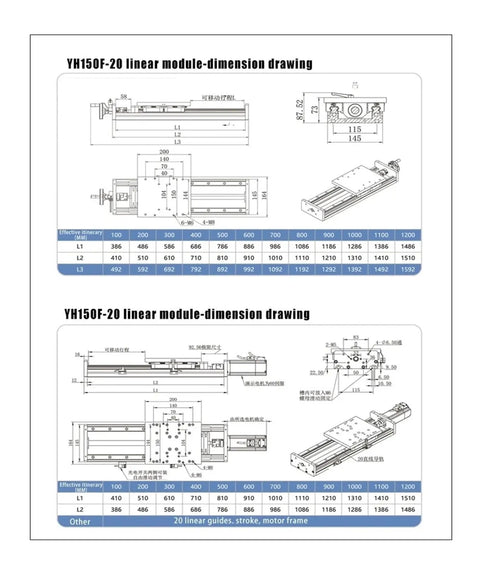 YH150F-20 linear module dimension drawing showcasing specifications for Pro Grade Linear Guide Ball Screw Slide Module.