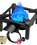 100,000 BTU High Pressure Propane Burner Stove With Heat Shield Guard, visible blue flame, and 4.1ft regulated hose for outdoor cooking