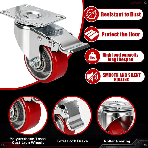 Workhorse Heavy Duty Caster Wheels Set Of 4 With Two Swivel Brakes And Two Rigid Units 3 Inch Polyurethane Tread close-up view
