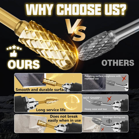 METOTY 10-pc titanium gold carbide burr set for die grinder; front comparison banner with gold vs silver burrs and case
