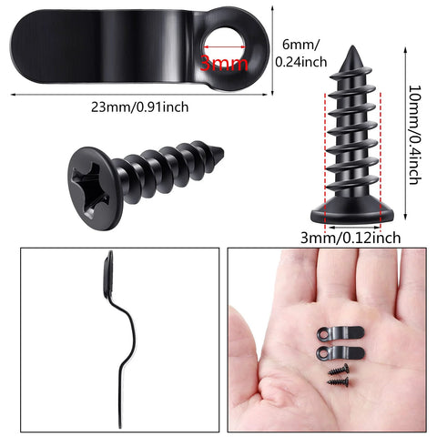 Front view: black metal picture frame turn buttons with screws for hanging photos or posters.