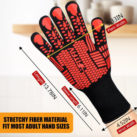 Extreme Heat Resistant BBQ Gloves For Grilling And Baking Up To 1472F Silicone Non Slip Oven Mitts size dimensions shown