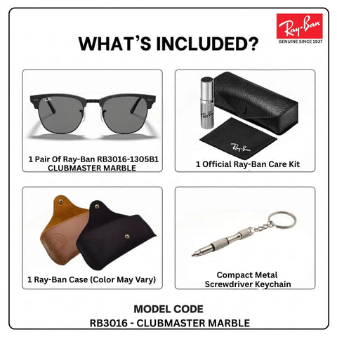 RB3016 Square Shape Non-Polarized Sunglasses For Men And Women With Dark Grey Lenses Dope Everyday Wear For Formal Or Casual Looks Includes Official Eyewear Kit And Accessories displayed in package contents overview.