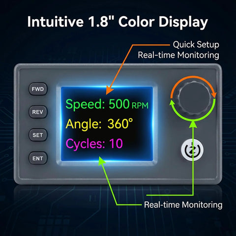 Stepper motor controller front panel with 1.8-inch color LCD and real-time readouts; FWD, REV, SET, ENT and rotary knob