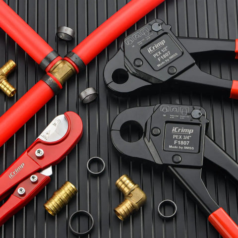 Two PEX Copper Ring Crimp Tools For One Half To Three Quarters Inch PEX Lines With Cutter Tight Space Friendly ASTM F1807