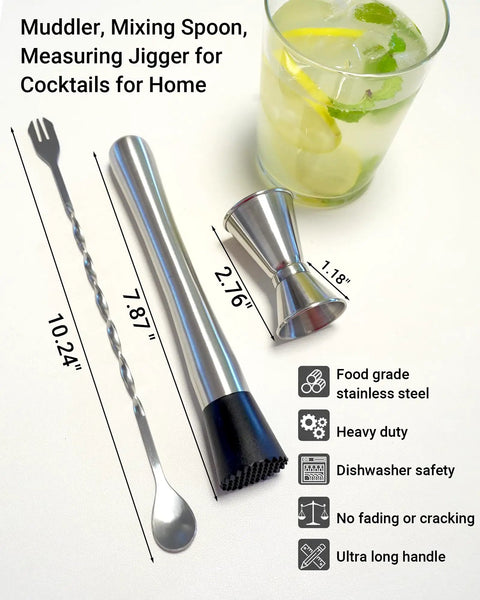 Ultimate Bar Tools Set for Home Bartenders Includes 8 Inch Muddler 10 Inch Mixing Spoon and Measuring Jigger for Crafting