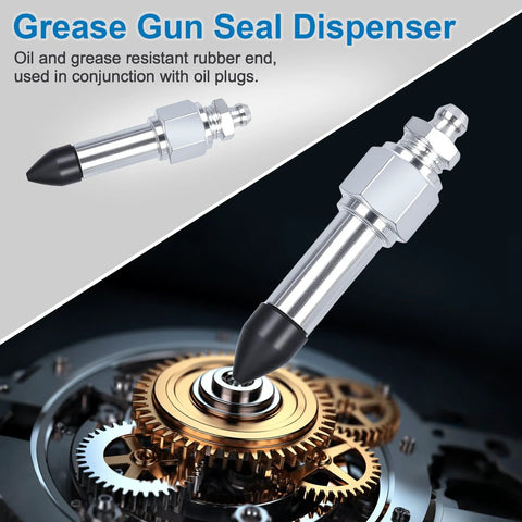 5-piece grease gun needle accessory set with dispenser, rubber coupler, detachable tips and two nozzles for narrow spaces