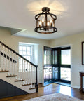 2-Pack Semi Flush Mount Ceiling Light Fixture Farmhouse Matte Black Metal With Open Drum Shade in entryway with stairs and door