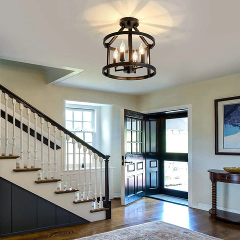 2-Pack Semi Flush Mount Ceiling Light Fixture Farmhouse Matte Black Metal With Open Drum Shade in entryway with stairs and door