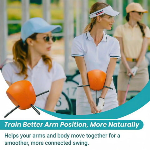 Woman using Golf Swing Connector Trainer for Posture and Arm Alignment during warmup on a golf course with others.