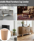 Solid As A Rock Adjustable Furniture Levelers For Couches Tables And Chairs Made From Rich Oak Wood With Heavy Duty Steel Brackets To Banish Wobbly Floors And Lift Your Entire Room Vibe, showcasing a couch, chair, and table equipped with levelers.