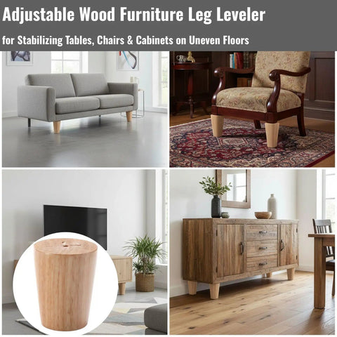 Solid As A Rock Adjustable Furniture Levelers For Couches Tables And Chairs Made From Rich Oak Wood With Heavy Duty Steel Brackets To Banish Wobbly Floors And Lift Your Entire Room Vibe, showcasing a couch, chair, and table equipped with levelers.