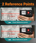Heavy Duty Digital Laser Distance Meter 131 Ft Measuring Tool With Glowing Backlit Lcd Screen showing front and back reference points.