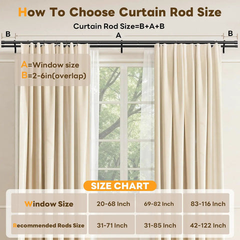 Diagram of double curtain rod set 42 to 122 inches with measurement guide, matte black finish telescoping rods with sheer and drapes.