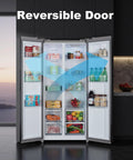 15.6 Cubic Foot Side By Side Refrigerator In Sleek Black featuring a reversible door showcasing organized groceries and ample freezer space.