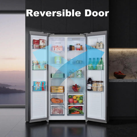 15.6 Cubic Foot Side By Side Refrigerator In Sleek Black featuring a reversible door showcasing organized groceries and ample freezer space.