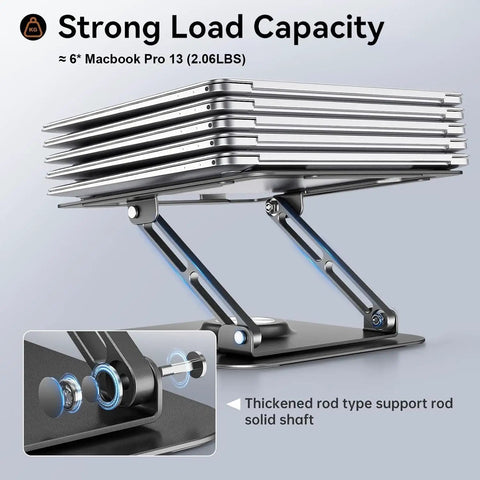 Adjustable 360 Degree Rotating Base, Ergonomic Riser for Collaborative Work, Foldable Laptop Stand showcasing strong load capacity.