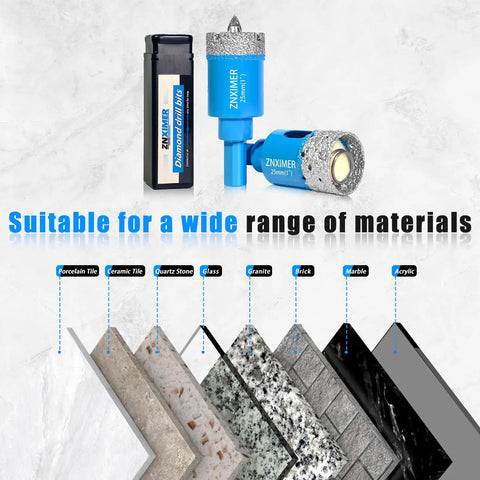 Diamond Hole Saw Drill Bits Set With Pilot Guide And Sponge Spring Bits, 2 Pieces, 1 Inch Diamond Drills for Tile Ceramic Marble Granite Stone Glass Bottles 25mm, shown with materials it's suitable for