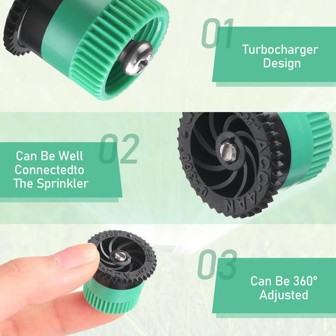Heavy Duty Replacement Sprinkler Heads 60 Pack Features fully rotating adjustable head with turbocharger design for lawn irrigation.